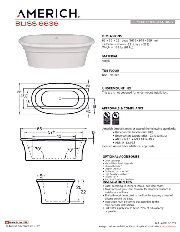 Americh Bliss 66 36 2pc Freestanding Bathtub