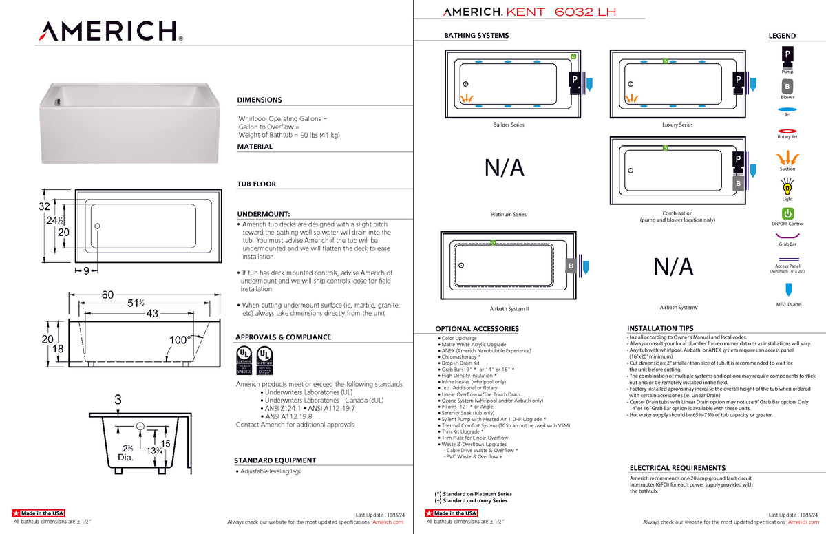 Americh Kent 6032 Left Hand Bathtub