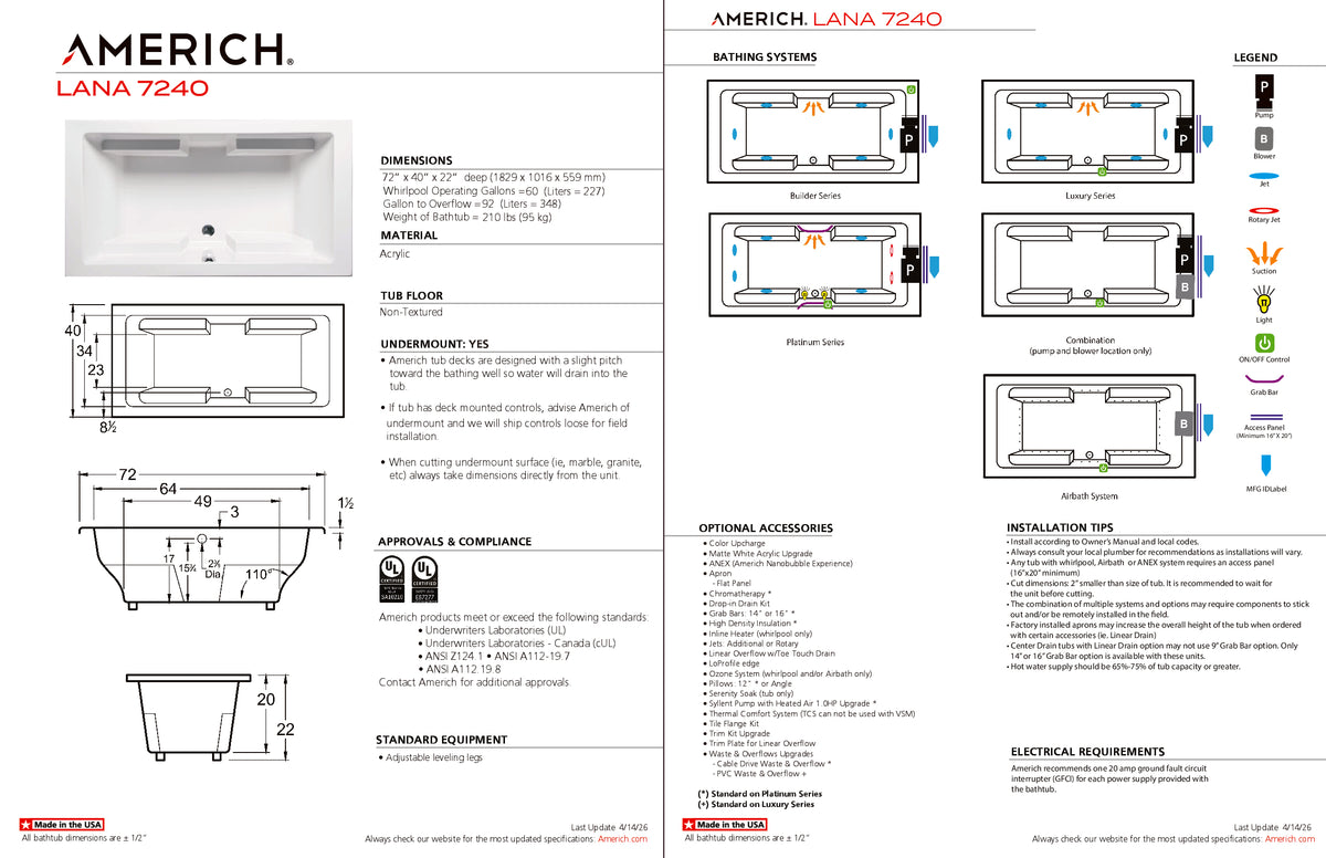 TU.37　GRID DESIGN☆　カスタムメイドパター　34インチ Americh Madison 72 42 Drop-in Bathtub