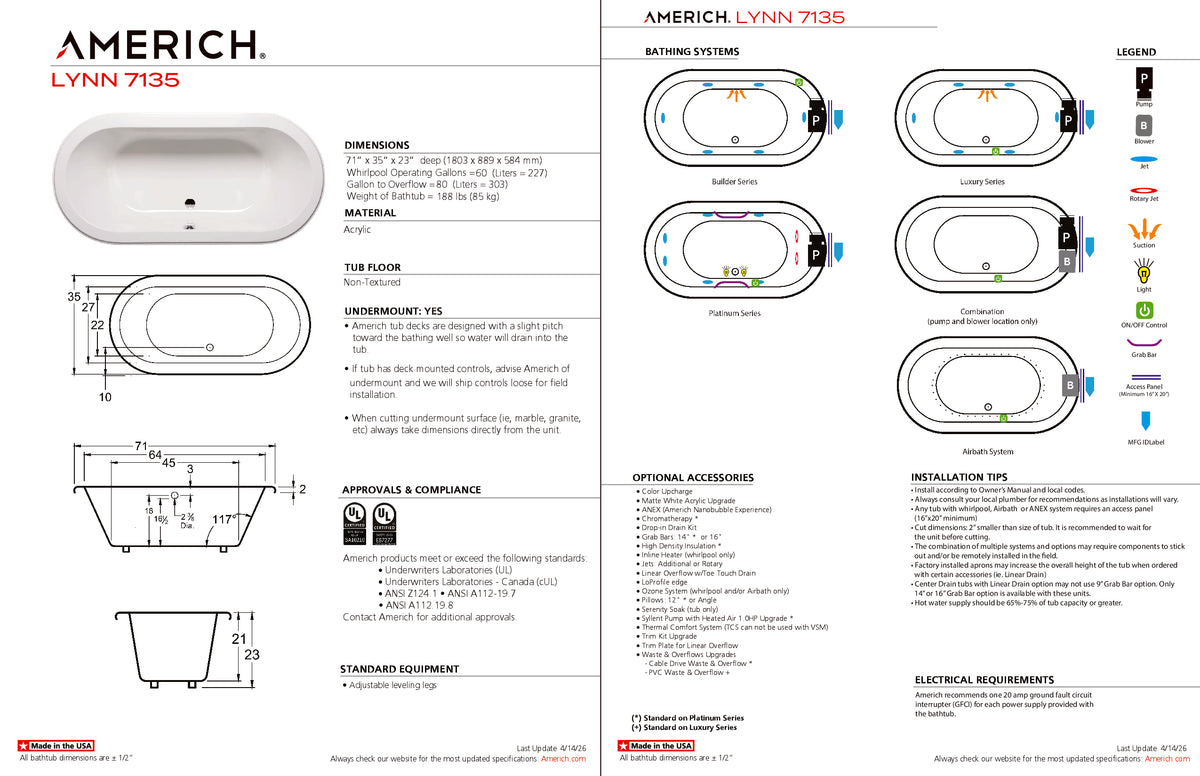 Americh Lynn 71 35 Drop-in Bathtub