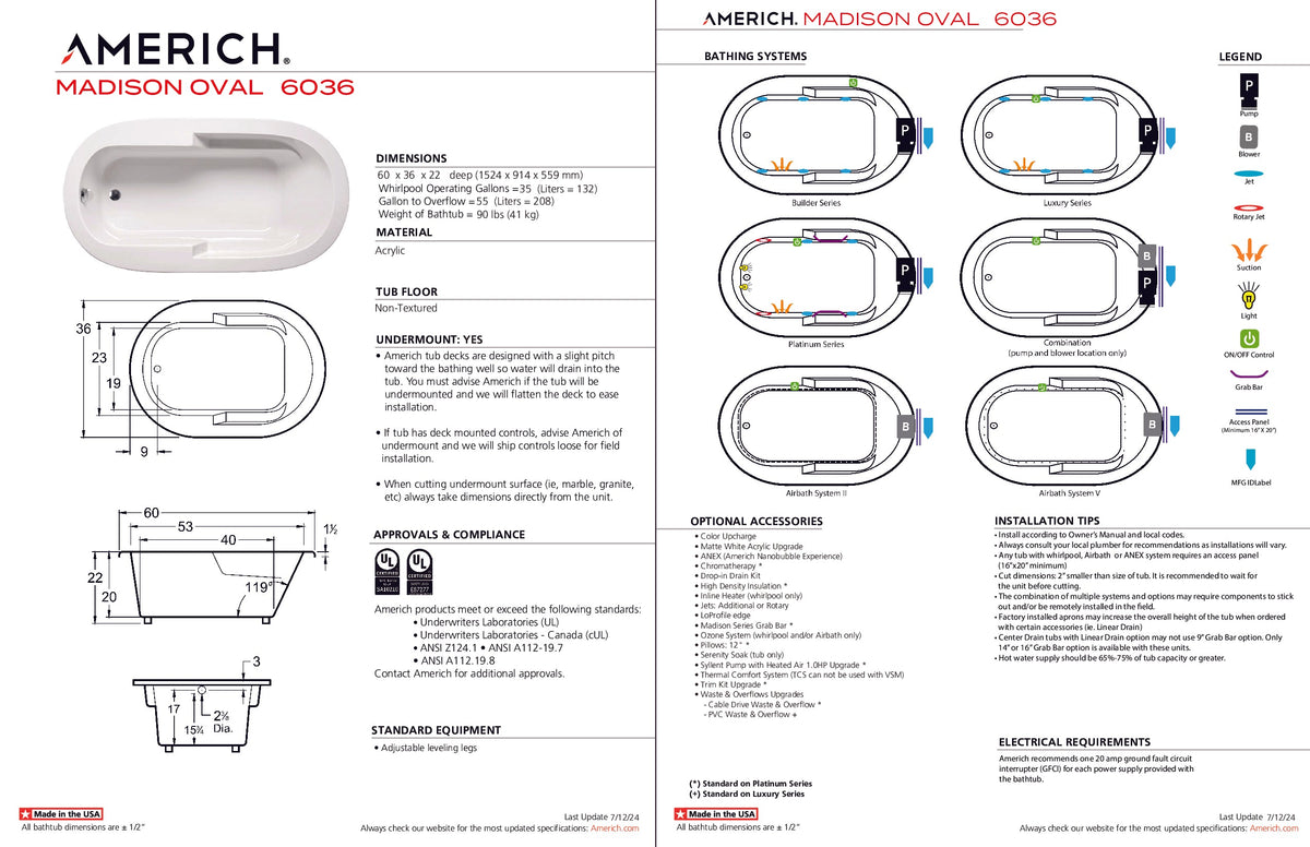 Americh Madison Oval 60 36 Dropin Bathtub