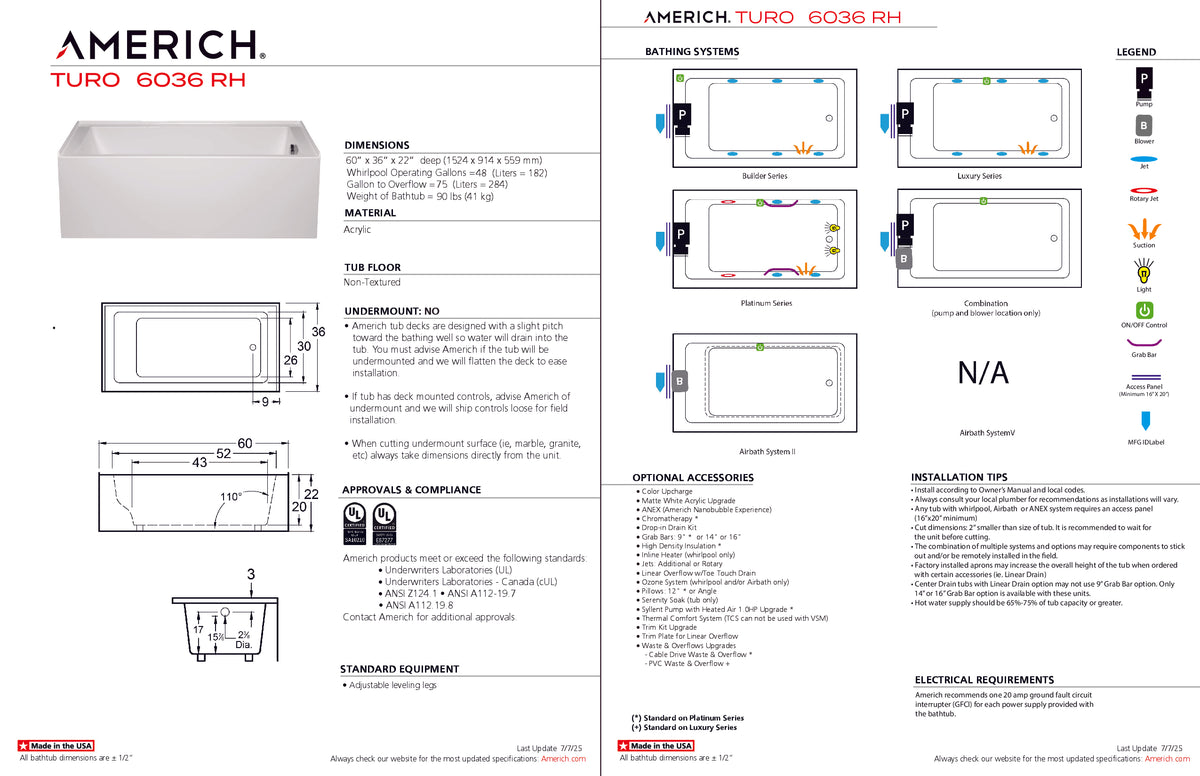 Americh Turo 6036 Right Hand Bathtub