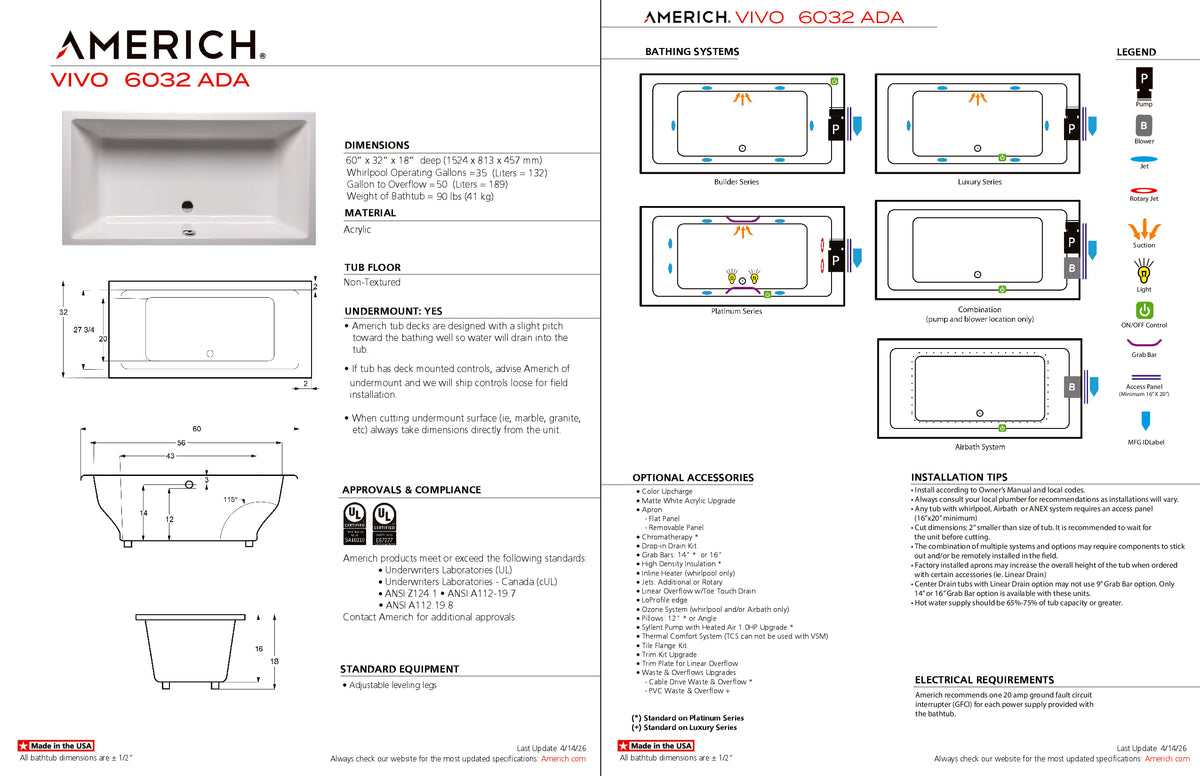 Americh Vivo 60 32 ADA Drop-in Bathtub