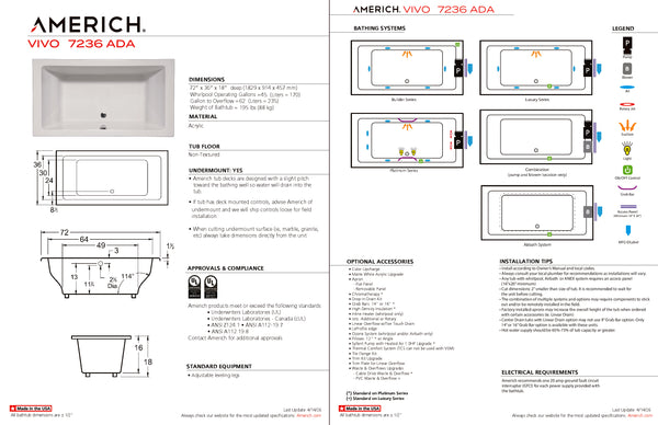 Americh Vivo 72 36 ADA Drop-in Bathtub