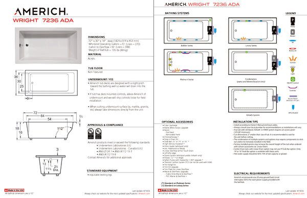 Americh Wright 72 36 ADA Drop-in Bathtub